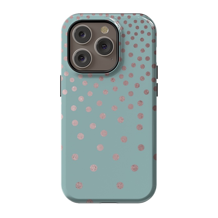 iPhone 14 Pro StrongFit Shiny Rosegold Polka Dots On Teal by Andrea Haase