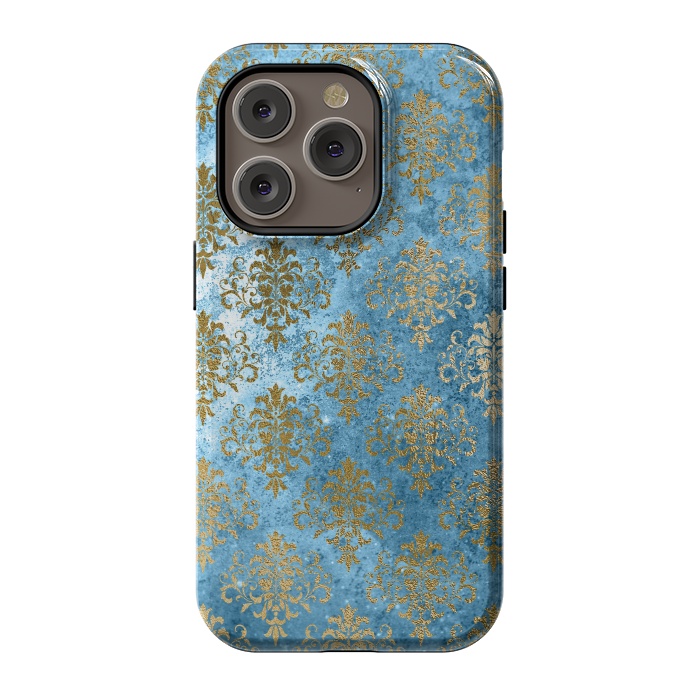 iPhone 14 Pro StrongFit Blue and Gold Trendy Vintage Damask Pattern by  Utart
