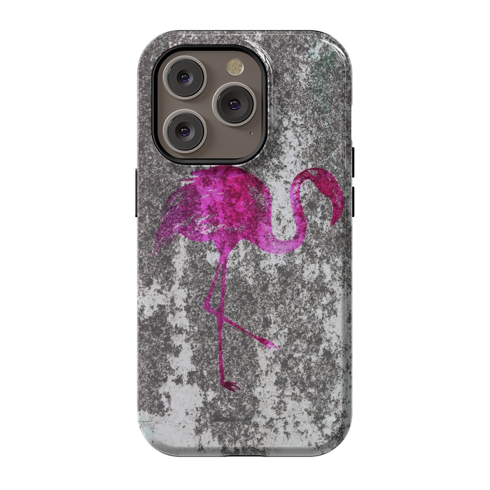 iPhone 14 Pro StrongFit Pink Flamingo Bird On Grunge Wall by Andrea Haase