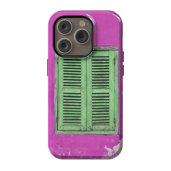 iPhone 14 Pro StrongFit Turquoise Green Shutters In Pink Wall by Andrea Haase