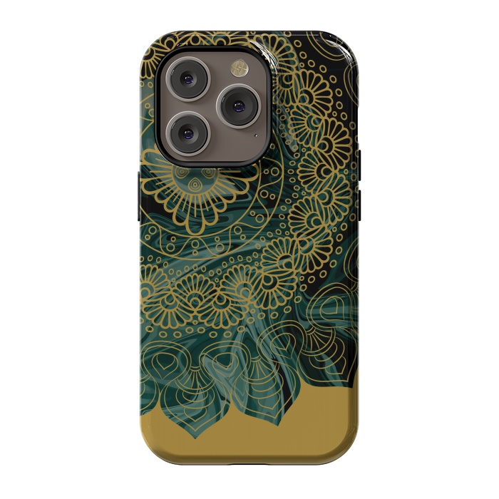iPhone 14 Pro StrongFit Mandala in Green Marble by Rossy Villarreal