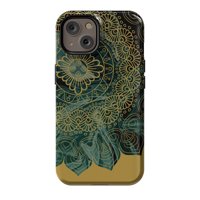 iPhone 14 StrongFit Mandala in Green Marble by Rossy Villarreal