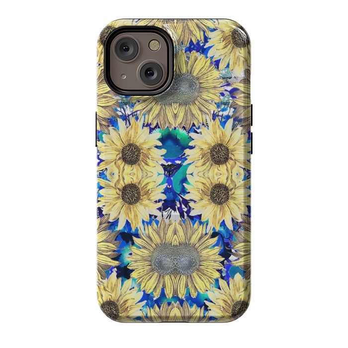 iPhone 14 StrongFit Watercolor painted sunflowers and blue foliage by Oana 