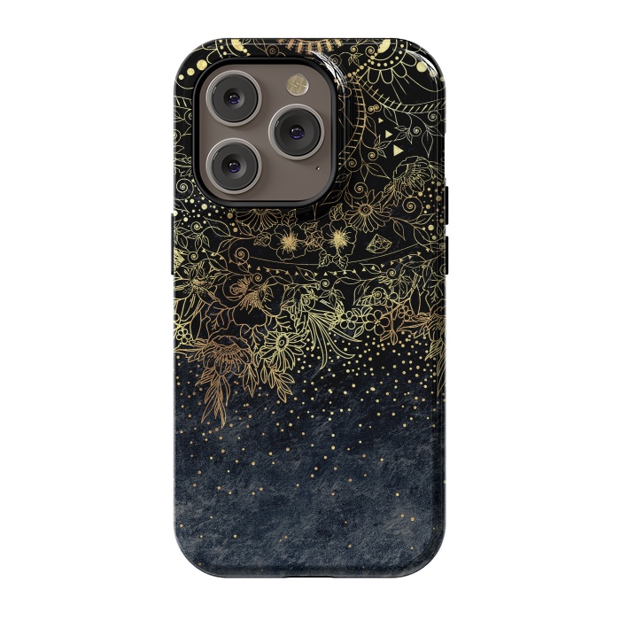 iPhone 14 Pro StrongFit Stylish Gold floral mandala and confetti by InovArts