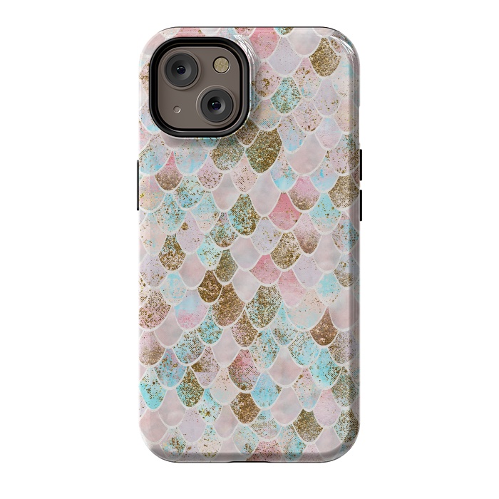 iPhone 14 StrongFit Wonky Watercolor Pink and Blue Mermaid Scales  by  Utart