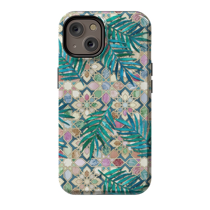 iPhone 14 StrongFit Muted Moroccan Mosaic Tiles with Palm Leaves by Micklyn Le Feuvre