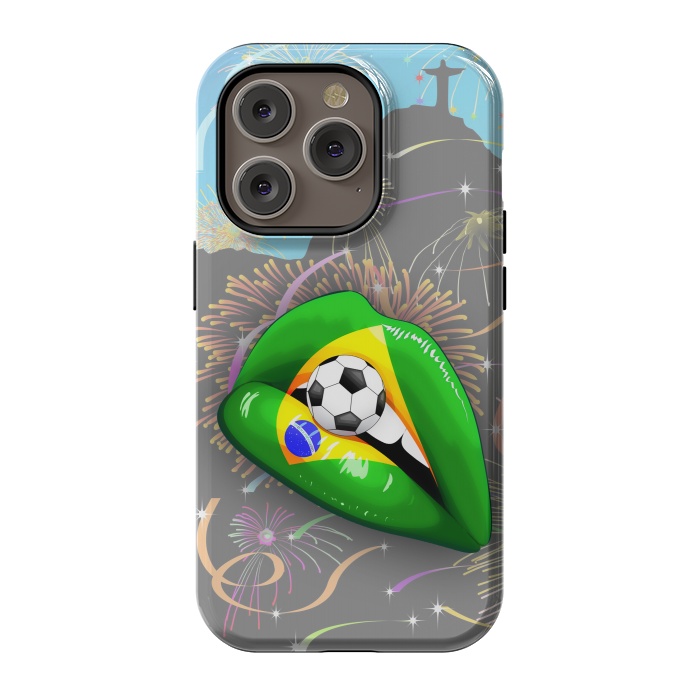 iPhone 14 Pro StrongFit  Brazil Flag Lipstick Soccer Supporters on Sensual Woman's Lips by BluedarkArt