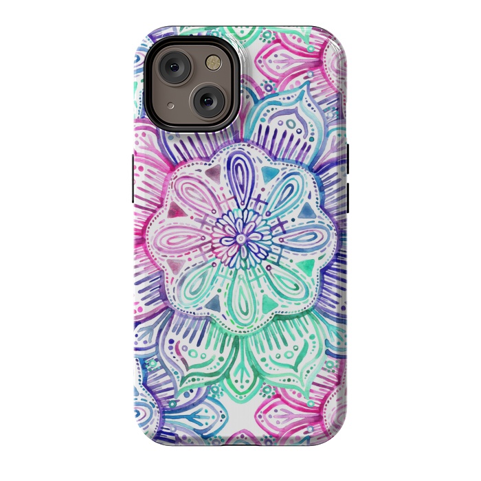 iPhone 14 StrongFit Watercolor Mandala in Mint, Magenta and Purple by Micklyn Le Feuvre