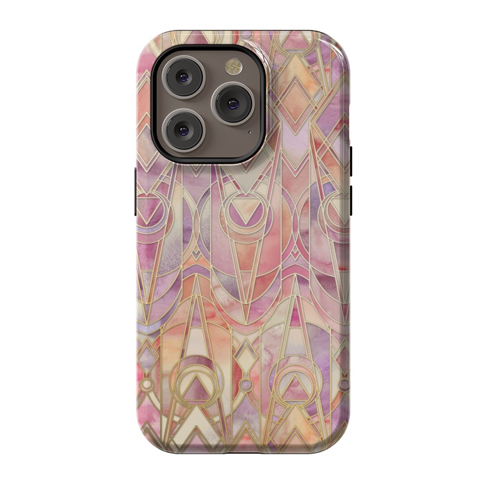 iPhone 14 Pro StrongFit Glowing Coral and Amethyst Art Deco Pattern by Micklyn Le Feuvre