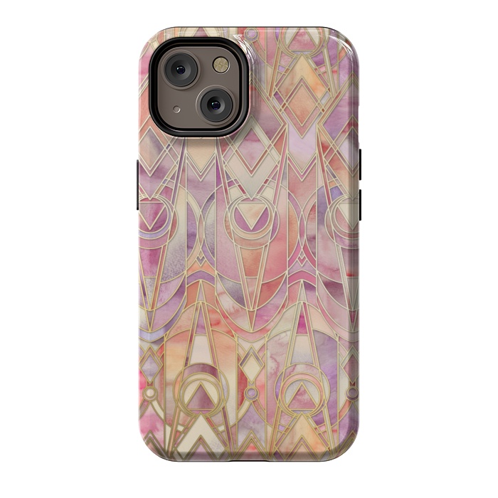 iPhone 14 StrongFit Glowing Coral and Amethyst Art Deco Pattern by Micklyn Le Feuvre