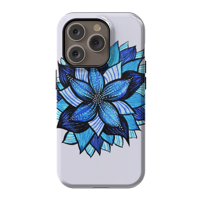 iPhone 14 Pro StrongFit Beautiful Abstract Hand Drawn Zentangle Blue Flower by Boriana Giormova