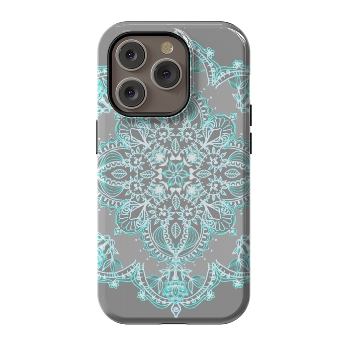 iPhone 14 Pro StrongFit Teal and Aqua Lace Mandala on Grey  by Micklyn Le Feuvre