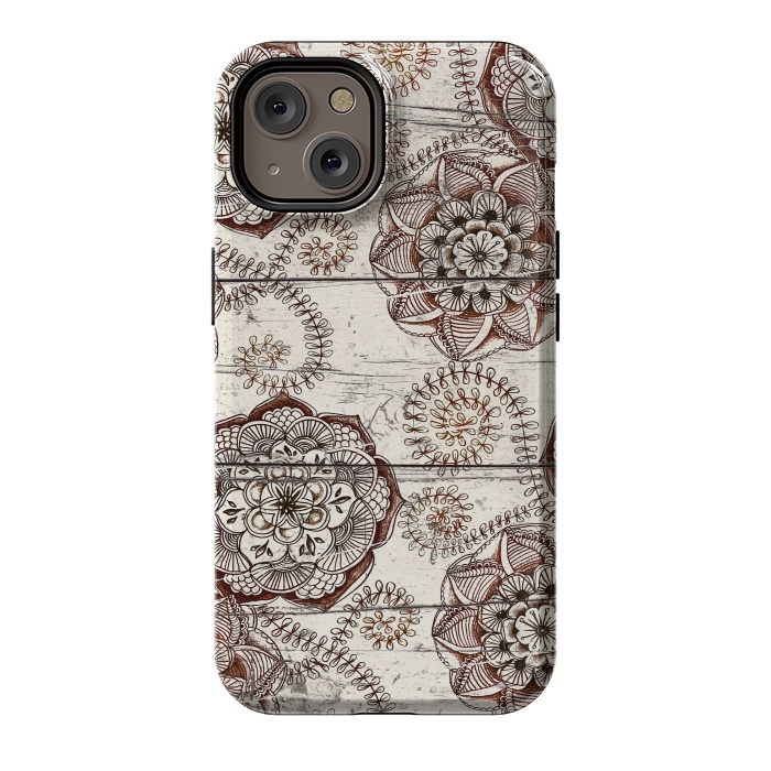iPhone 14 StrongFit Coffee & Cocoa - brown & cream floral doodles on wood by Micklyn Le Feuvre