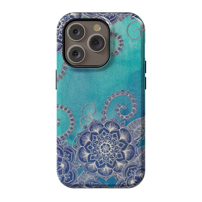 iPhone 14 Pro StrongFit Mermaid's Garden - Navy & Teal Floral on Watercolor by Micklyn Le Feuvre