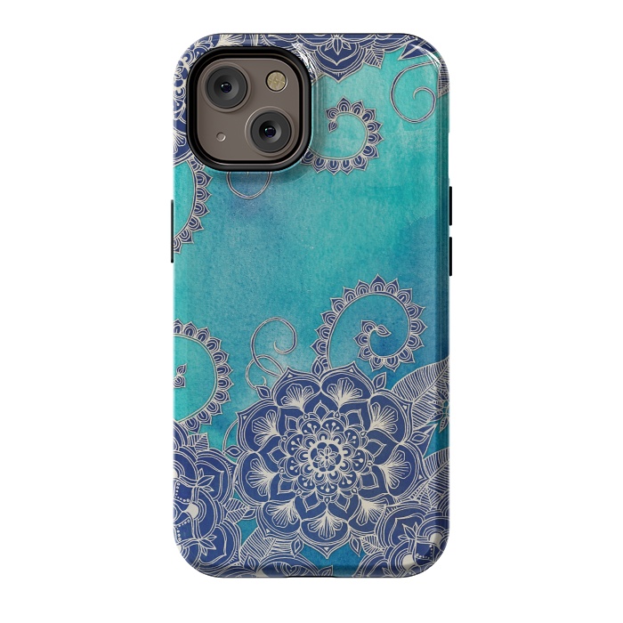 iPhone 14 StrongFit Mermaid's Garden - Navy & Teal Floral on Watercolor by Micklyn Le Feuvre