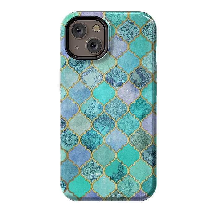 iPhone 14 StrongFit Cool Jade Icy Mint Decorative Moroccan Tile Pattern by Micklyn Le Feuvre