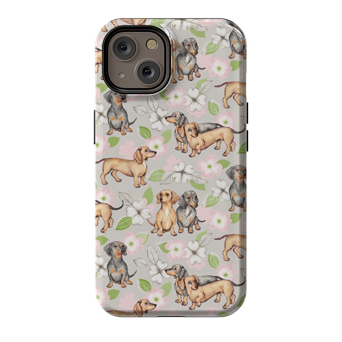 iPhone 14 StrongFit Dachshunds and dogwood blossoms by Micklyn Le Feuvre