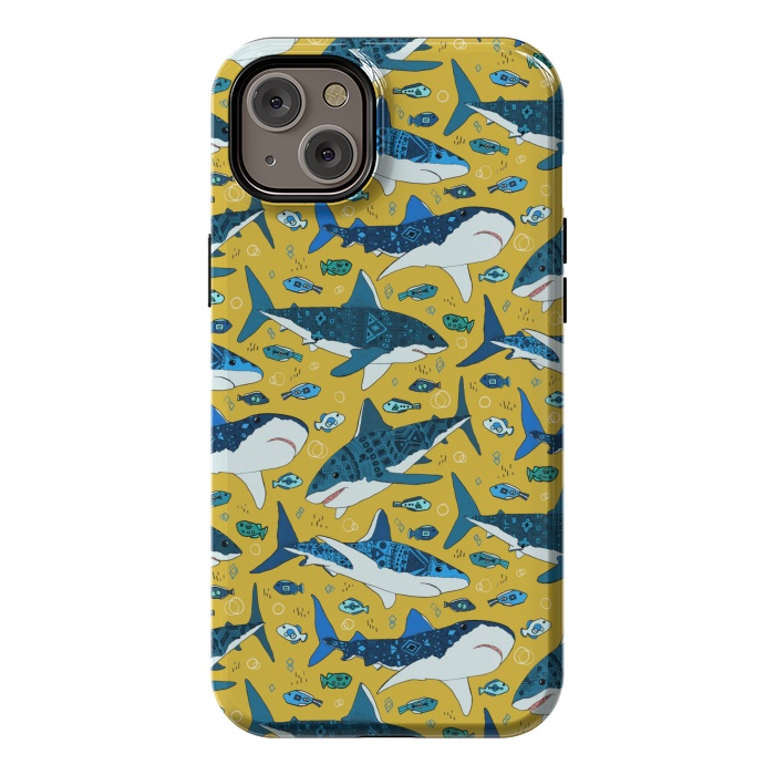 iPhone 14 Plus StrongFit Tribal Sharks & Fish On Mustard by Tigatiga