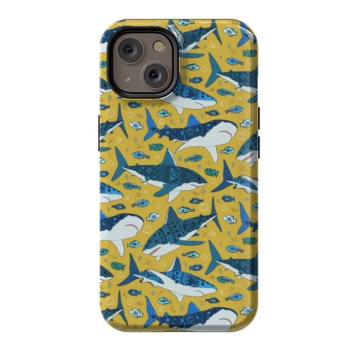 iPhone 14 StrongFit Tribal Sharks & Fish On Mustard by Tigatiga