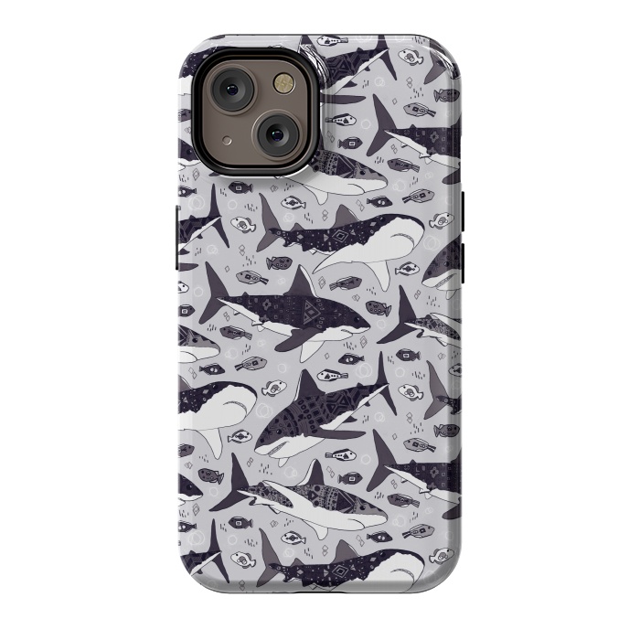 iPhone 14 StrongFit Black & White Tribal Sharks & Fish  by Tigatiga