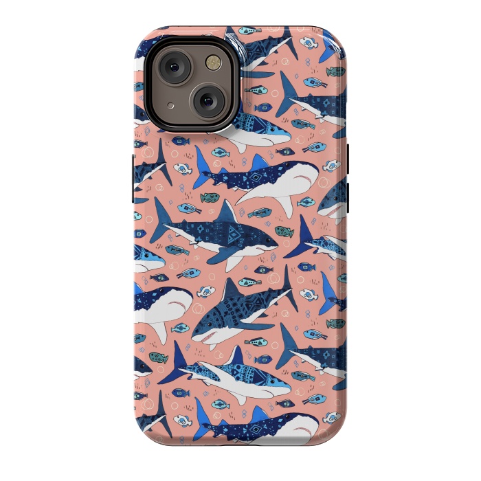 iPhone 14 StrongFit Tribal Sharks & Fish On Pink by Tigatiga