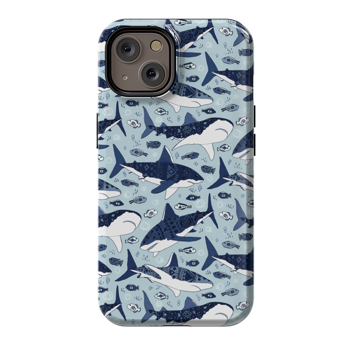 iPhone 14 StrongFit Tribal Sharks & Fish On Baby Blue  by Tigatiga