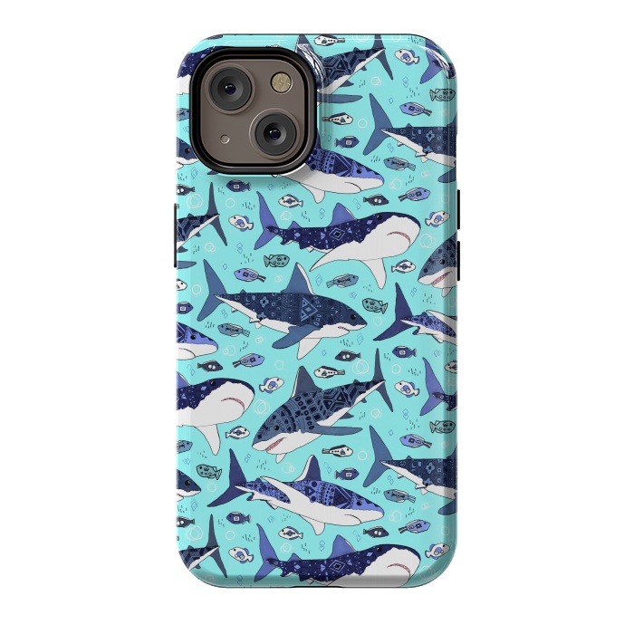 iPhone 14 StrongFit Tribal Sharks & Fish On Aqua by Tigatiga