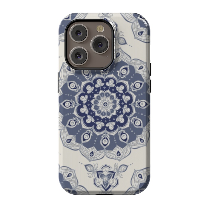 iPhone 14 Pro StrongFit Grey Blue Monochrome Floral Mandala by Micklyn Le Feuvre