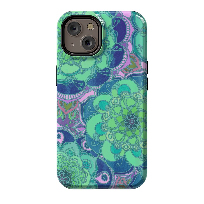 iPhone 14 StrongFit Fantasy Flowers in Mint Green & Purple by Micklyn Le Feuvre