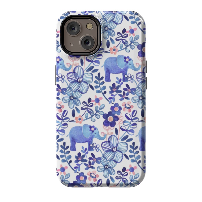 iPhone 14 StrongFit Little Purple Elephant Watercolor Floral on White by Micklyn Le Feuvre