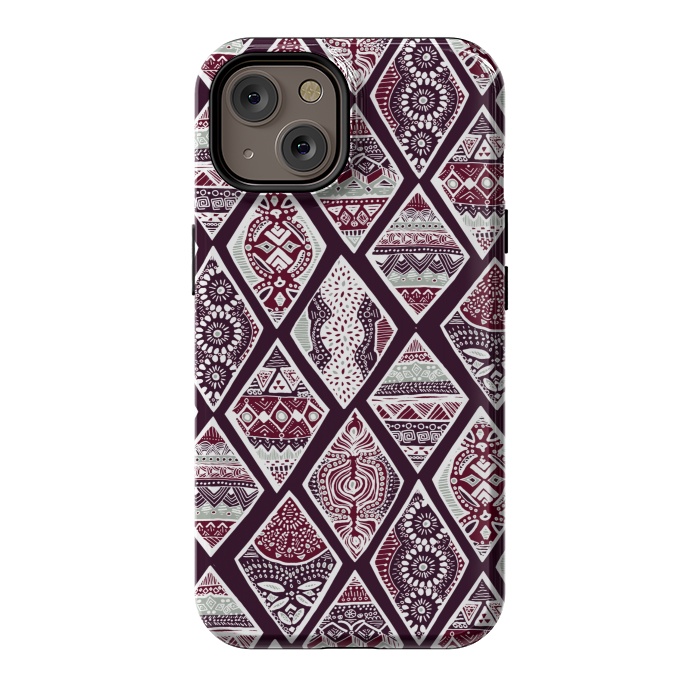 iPhone 14 StrongFit Tribal Diamonds On Red, White & Sage  by Tigatiga