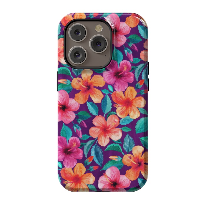 iPhone 14 Pro StrongFit Little Bright Hibiscus Blooms in Watercolor on Purple by Micklyn Le Feuvre