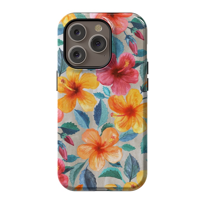 iPhone 14 Pro StrongFit Tropical Hawaiian Hibiscus Blooms in Watercolor by Micklyn Le Feuvre
