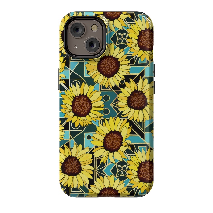 iPhone 14 StrongFit Sunflowers & Geometric Gold & Teal  by Tigatiga