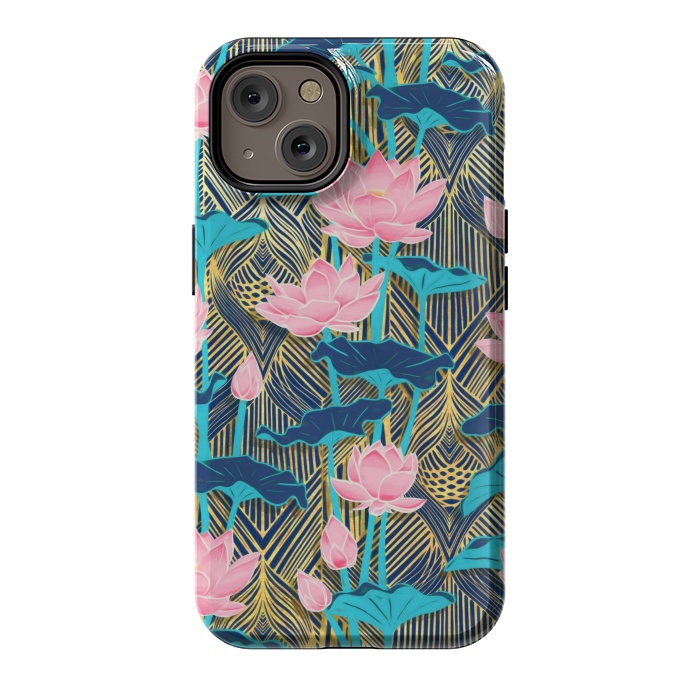 iPhone 14 StrongFit Art Deco Lotus Flowers in Pink & Navy by Micklyn Le Feuvre