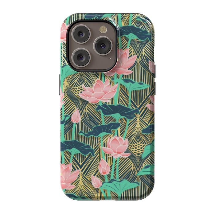 iPhone 14 Pro StrongFit Art Deco Lotus Flowers in Peach & Emerald by Micklyn Le Feuvre