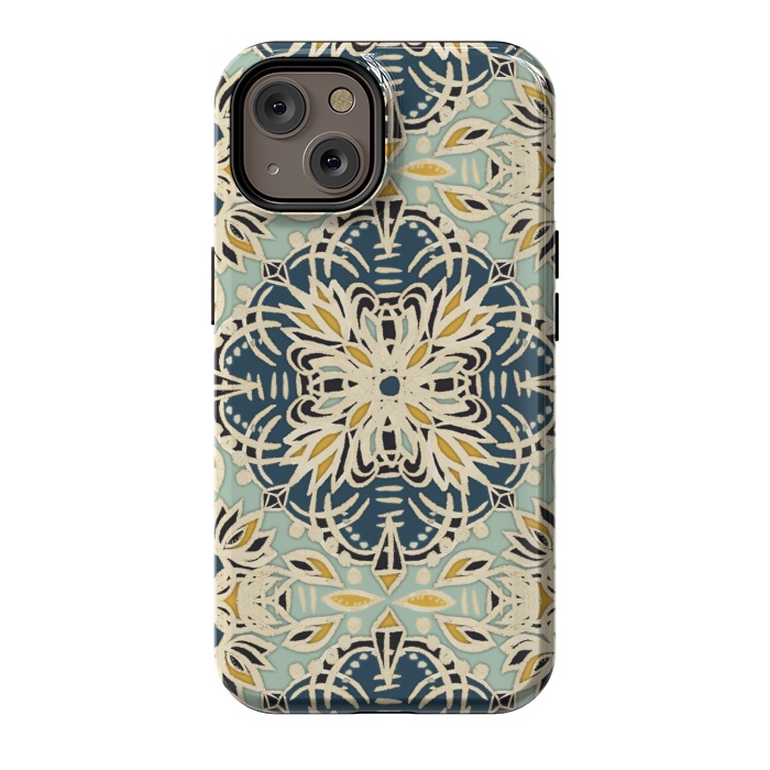 iPhone 14 StrongFit Protea Pattern in Deep Teal, Cream, Sage Green & Yellow Ocher by Micklyn Le Feuvre