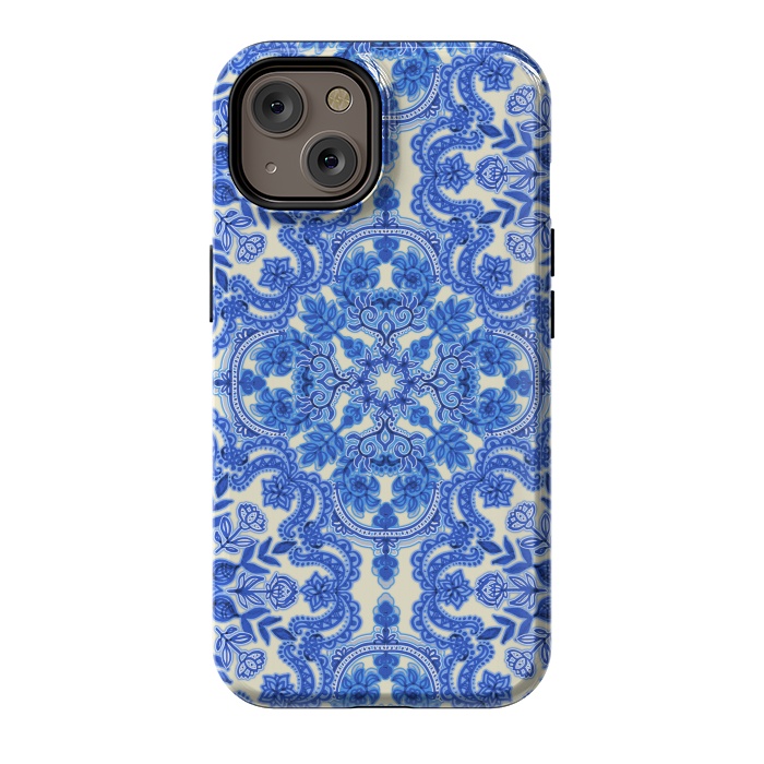 iPhone 14 StrongFit Cobalt Blue and China White Folk Art Pattern by Micklyn Le Feuvre