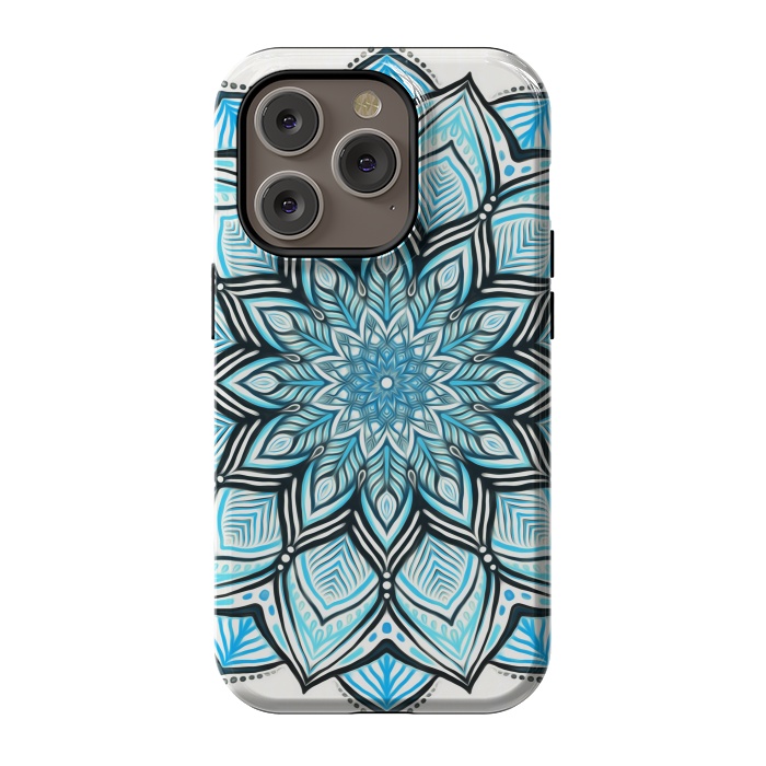 iPhone 14 Pro StrongFit Turquoise Tribal Mandala on White by Micklyn Le Feuvre