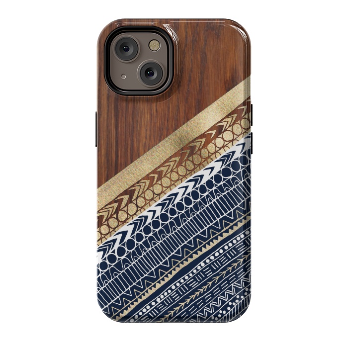 iPhone 14 StrongFit Navy & Gold Tribal on Wood by Tangerine-Tane