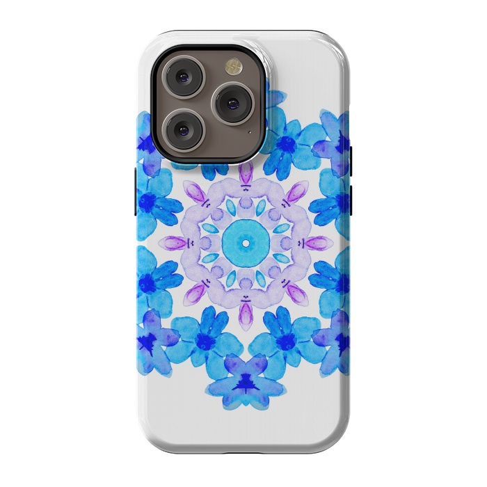 iPhone 14 Pro StrongFit Flower Mandala Violet Blue Watercolor Floral Art by Boriana Giormova
