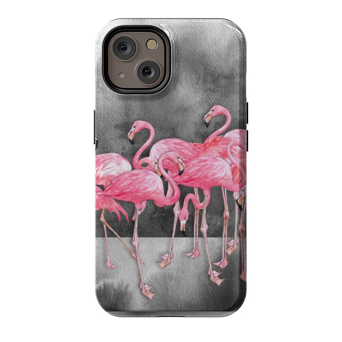 iPhone 14 StrongFit Pink Flamingos in Watercolor & Ink by Micklyn Le Feuvre