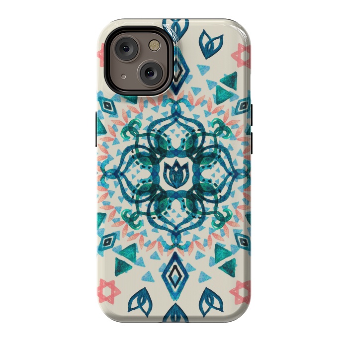 iPhone 14 StrongFit Watercolor Lotus Mandala in Teal & Salmon Pink by Micklyn Le Feuvre