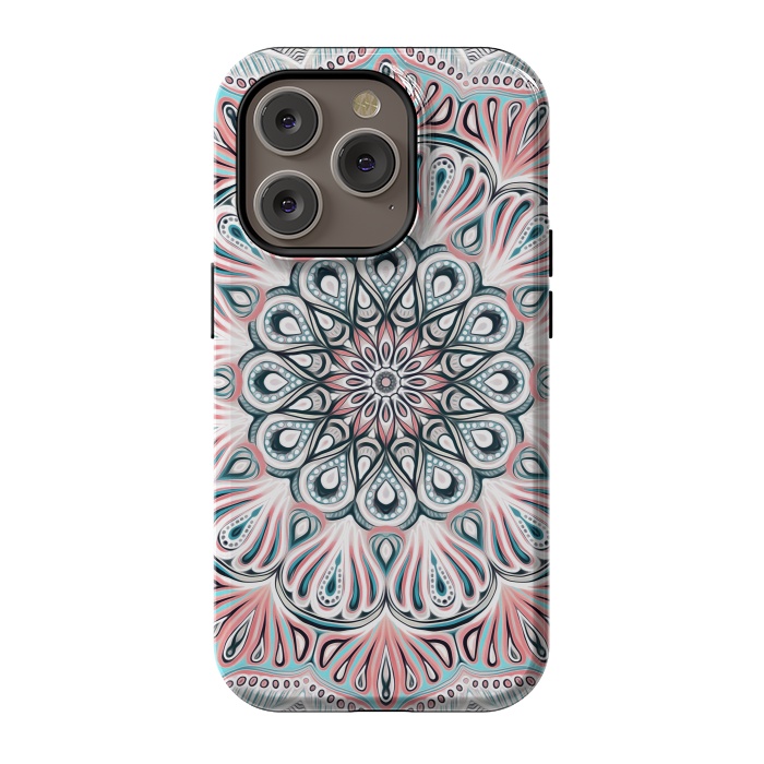 iPhone 14 Pro StrongFit Expansion - boho mandala in soft salmon pink & blue by Micklyn Le Feuvre
