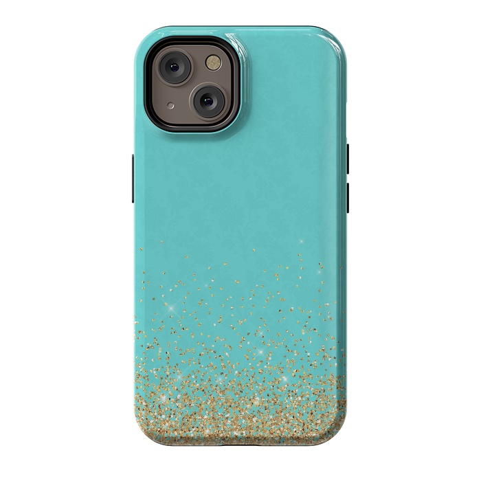 iPhone 14 StrongFit Gold Glitter on Teal Damask by  Utart