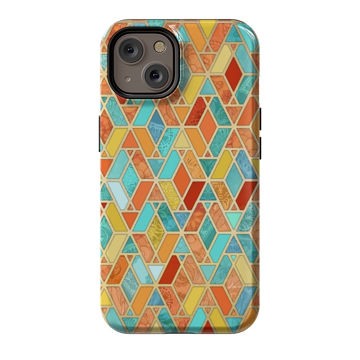 iPhone 14 StrongFit Tangerine and Turquoise Geometric Fall Pattern by Micklyn Le Feuvre