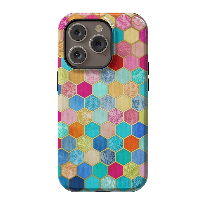 iPhone 14 Pro StrongFit Patterned Honeycomb Patchwork in Jewel Colors by Micklyn Le Feuvre