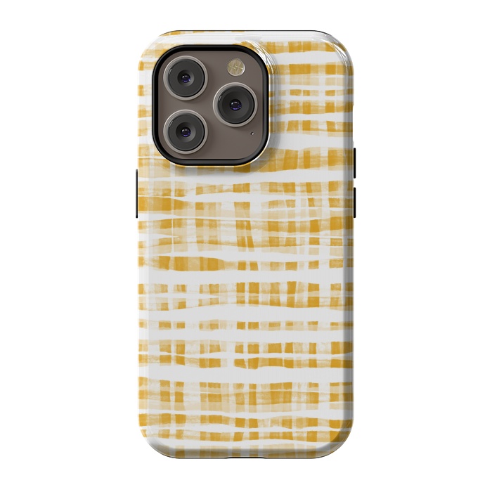 iPhone 14 Pro StrongFit Happy Mustard Yellow Hand Painted Gingham by Micklyn Le Feuvre