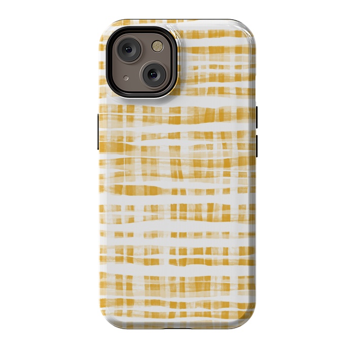 iPhone 14 StrongFit Happy Mustard Yellow Hand Painted Gingham by Micklyn Le Feuvre