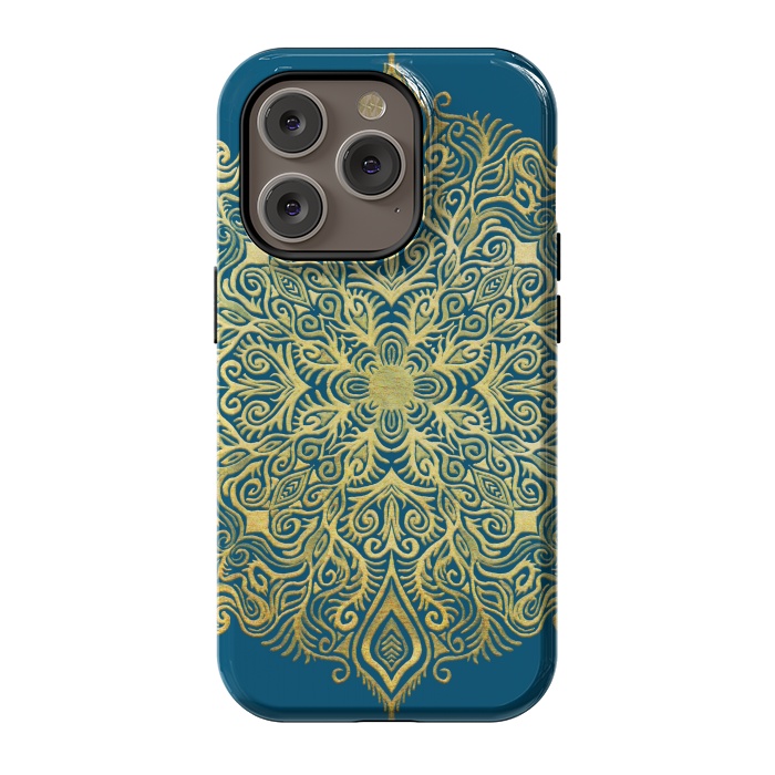 iPhone 14 Pro StrongFit Ornate Gold Mandala on Deep Blue by Micklyn Le Feuvre
